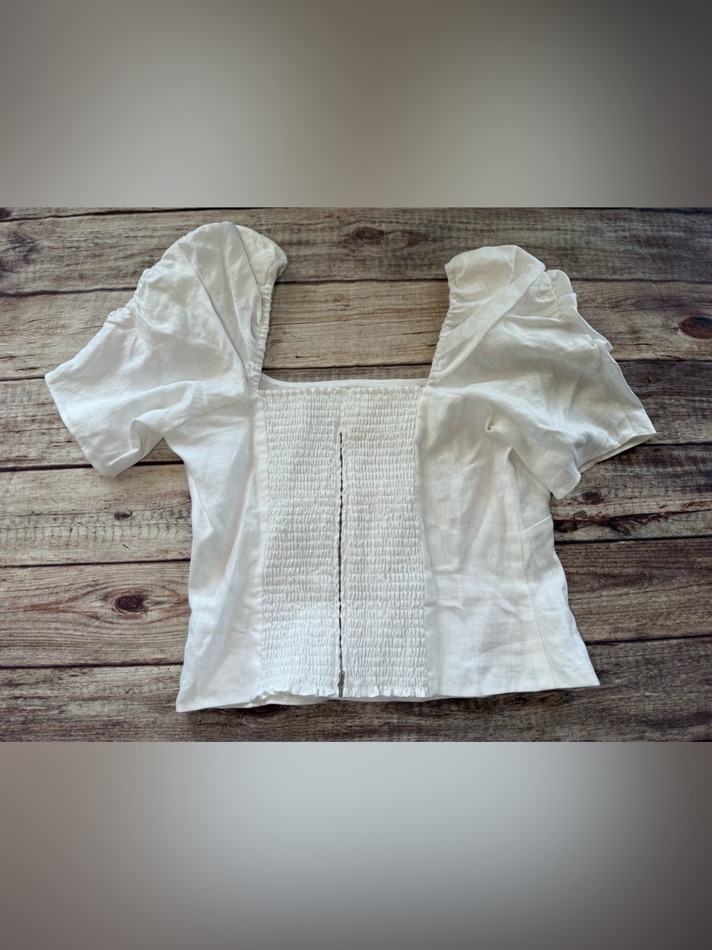 Reformation 12 White Linen Puff Sleeve Top Blouse Smocked Back Women 3246 - Picture 6 of 6